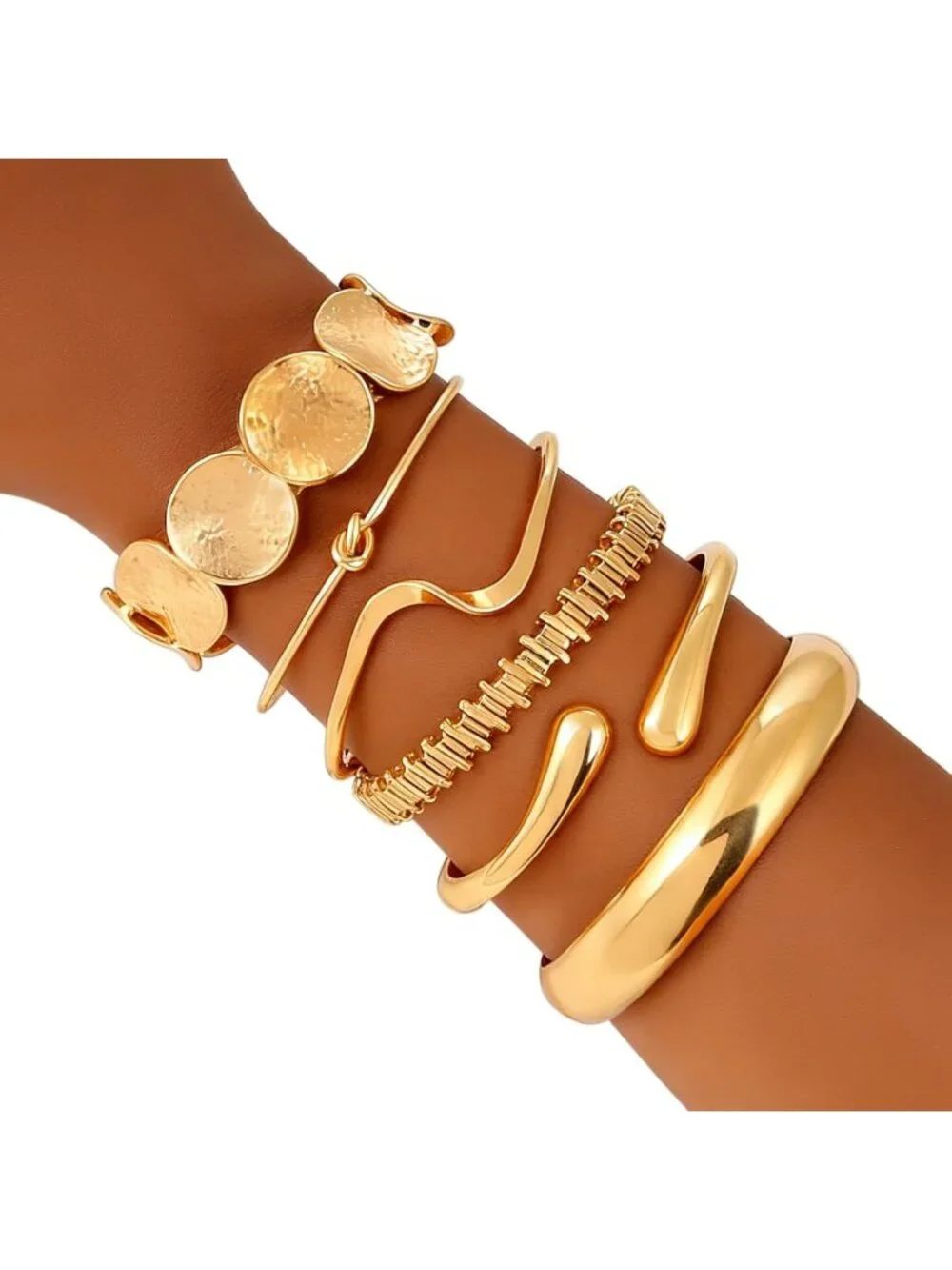 Gold Plated Chunky Cuff Bangle Bracelets Set | Stackable Multi-Layer Fashion